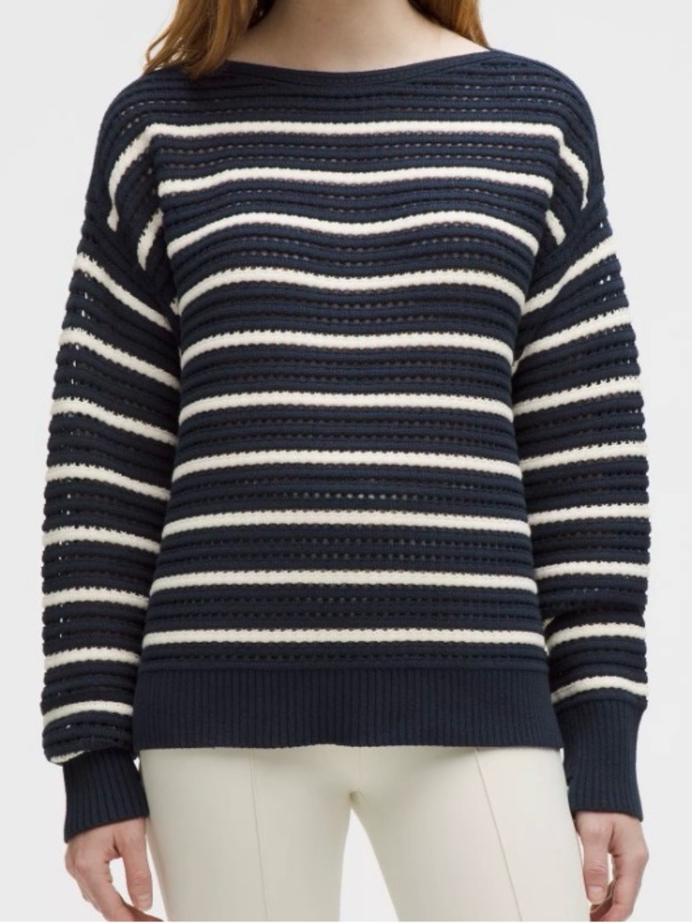 LULULEMON Cotton Crochet Sweater Large Navy Ivory Open Knit Boatneck EUC